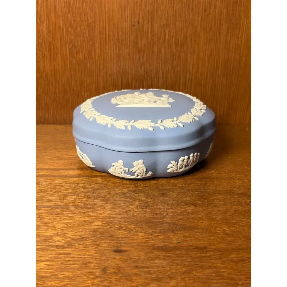 Vintage Wedgwood Blue Jasperware Trinket Box Classical Figures Made in England